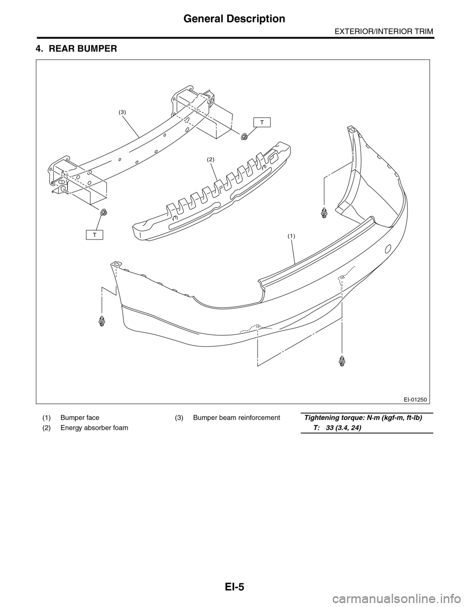 SUBARU TRIBECA 2009 1.G Service Workshop Manual EI-5
General Description
EXTERIOR/INTERIOR TRIM
4. REAR BUMPER
(1) Bumper face (3) Bumper beam reinforcementTightening torque: N·m (kgf-m, ft-lb)
(2) Energy absorber foam  T: 33 (3.4, 24)
EI-01250
T
