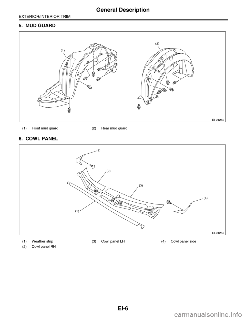 SUBARU TRIBECA 2009 1.G Service Workshop Manual EI-6
General Description
EXTERIOR/INTERIOR TRIM
5. MUD GUARD
6. COWL PANEL
(1) Front mud guard (2) Rear mud guard    
(1) Weather strip (3) Cowl panel LH (4) Cowl panel side
(2) Cowl panel RH        
