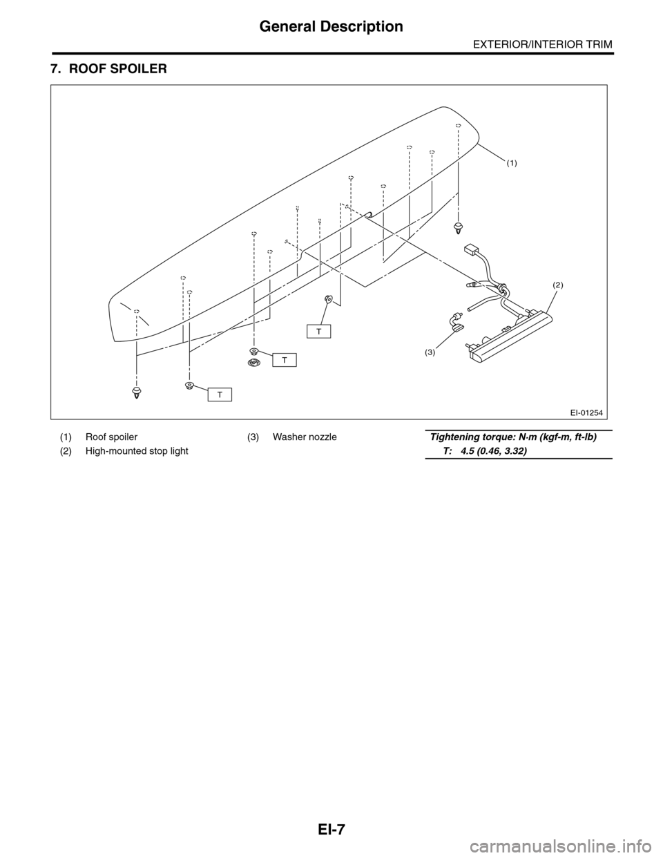 SUBARU TRIBECA 2009 1.G Service Workshop Manual EI-7
General Description
EXTERIOR/INTERIOR TRIM
7. ROOF SPOILER
(1) Roof spoiler (3) Washer nozzleTightening torque: N·m (kgf-m, ft-lb)
(2) High-mounted stop light    T: 4.5 (0.46, 3.32)
EI-01254
T
T