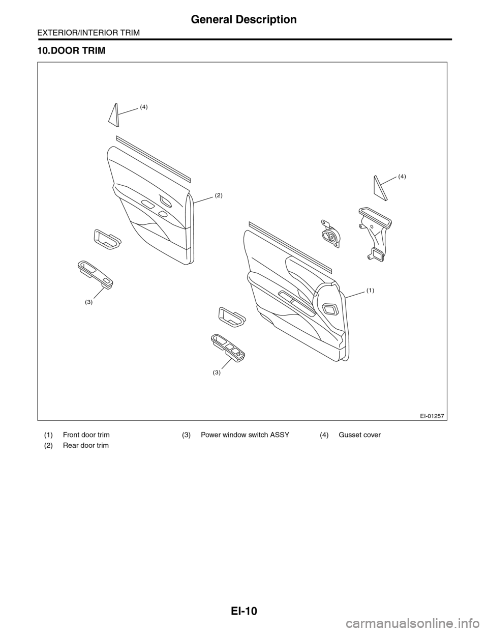 SUBARU TRIBECA 2009 1.G Service Workshop Manual EI-10
General Description
EXTERIOR/INTERIOR TRIM
10.DOOR TRIM
(1) Front door trim (3) Power window switch ASSY (4) Gusset cover
(2) Rear door trim        
EI-01257
(1)
(2)
(4)
(3)
(3)
(4) 