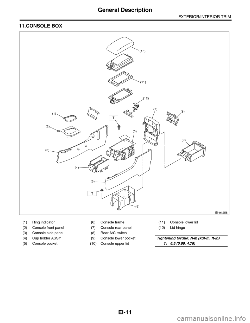 SUBARU TRIBECA 2009 1.G Service Workshop Manual EI-11
General Description
EXTERIOR/INTERIOR TRIM
11.CONSOLE BOX
(1) Ring indicator (6) Console frame (11) Console lower lid
(2) Console front panel (7) Console rear panel (12) Lid hinge
(3) Console si