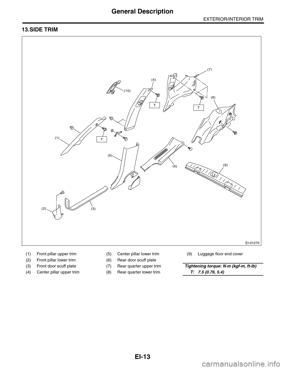 SUBARU TRIBECA 2009 1.G Service Workshop Manual EI-13
General Description
EXTERIOR/INTERIOR TRIM
13.SIDE TRIM
(1) Front pillar upper trim (5) Center pillar lower trim (9) Luggage floor end cover
(2) Front pillar lower trim (6) Rear door scuff plate