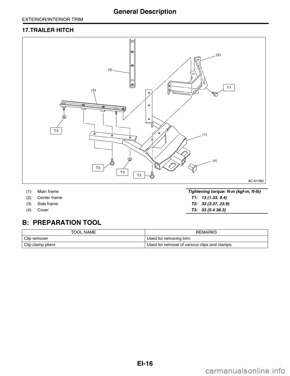 SUBARU TRIBECA 2009 1.G Service Workshop Manual EI-16
General Description
EXTERIOR/INTERIOR TRIM
17.TRAILER HITCH
B: PREPARATION TOOL
(1) Main frameTightening torque: N·m (kgf-m, ft-lb)
(2) Center frameT1: 13 (1.33, 9.4)
(3) Side frame    T2: 33 (