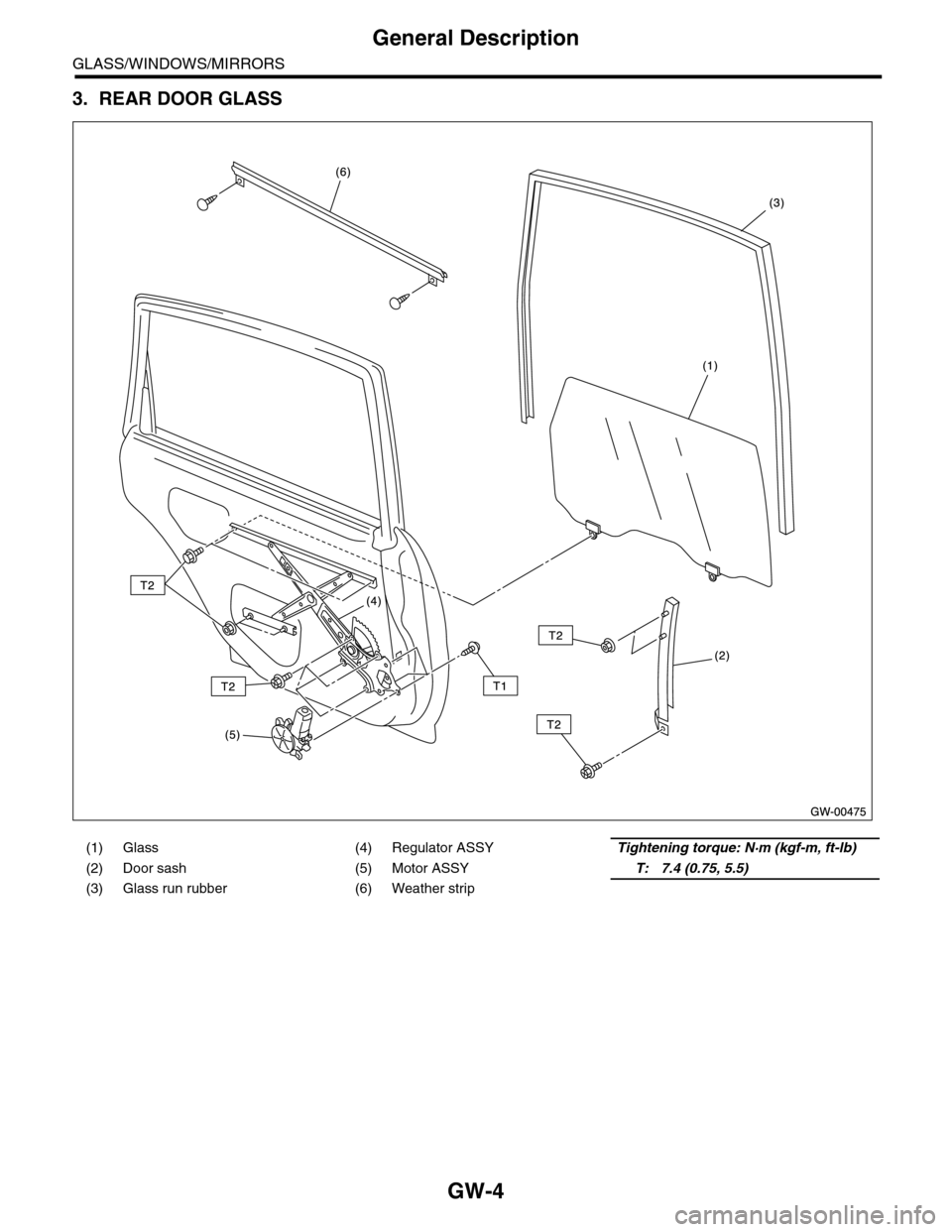 SUBARU TRIBECA 2009 1.G Service Workshop Manual GW-4
General Description
GLASS/WINDOWS/MIRRORS
3. REAR DOOR GLASS
(1) Glass (4) Regulator ASSYTightening torque: N·m (kgf-m, ft-lb)
(2) Door sash (5) Motor ASSYT: 7.4 (0.75, 5.5)
(3) Glass run rubber