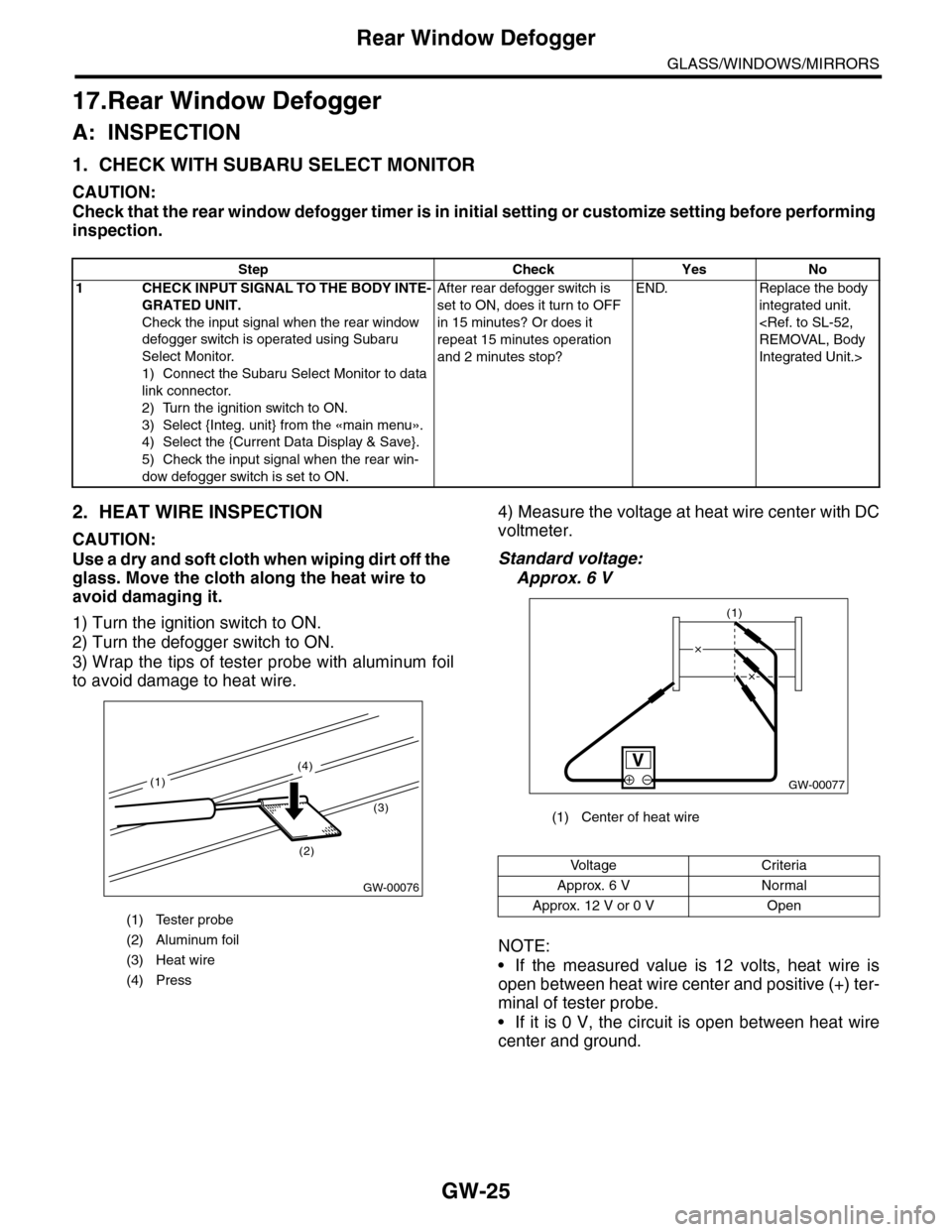 SUBARU TRIBECA 2009 1.G Service Workshop Manual GW-25
Rear Window Defogger
GLASS/WINDOWS/MIRRORS
17.Rear Window Defogger
A: INSPECTION
1. CHECK WITH SUBARU SELECT MONITOR
CAUTION:
Check that the rear window defogger timer is in initial setting or c