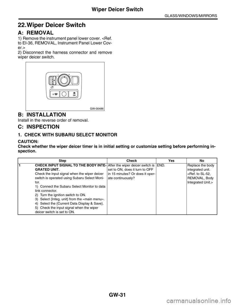 SUBARU TRIBECA 2009 1.G Service Workshop Manual GW-31
Wiper Deicer Switch
GLASS/WINDOWS/MIRRORS
22.Wiper Deicer Switch
A: REMOVAL
1) Remove the instrument panel lower cover. <Ref.
to EI-36, REMOVAL, Instrument Panel Lower Cov-
er.>
2) Disconnect  t