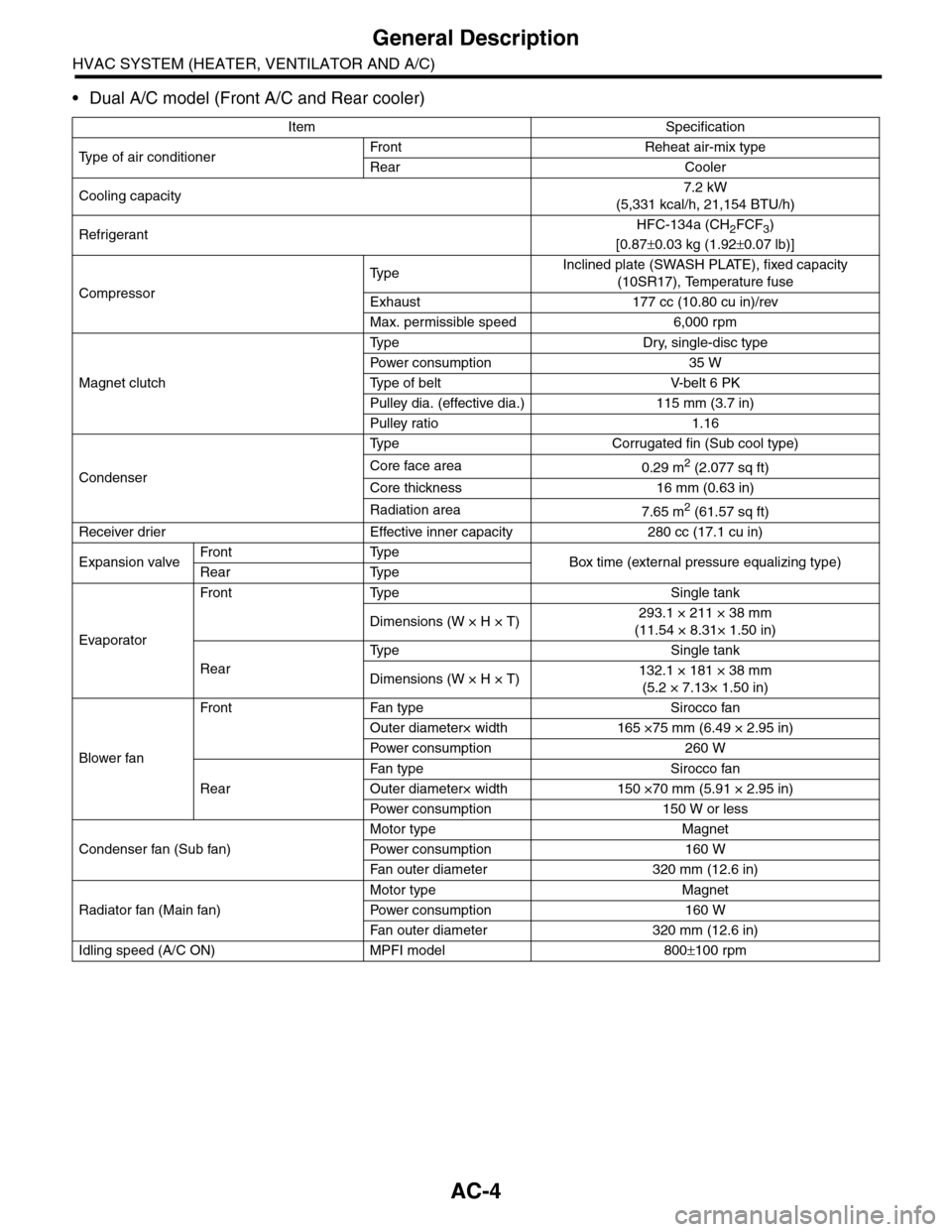 SUBARU TRIBECA 2009 1.G Service Workshop Manual AC-4
General Description
HVAC SYSTEM (HEATER, VENTILATOR AND A/C)
•Dual A/C model (Front A/C and Rear cooler)
Item Specification
Ty p e   o f   a i r   c o n d i t i o n e rFr o nt Reh e at   a ir -