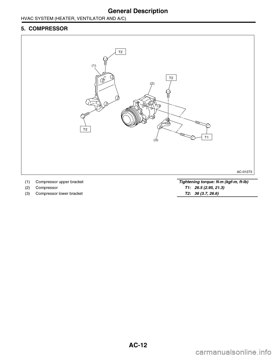 SUBARU TRIBECA 2009 1.G Service Workshop Manual AC-12
General Description
HVAC SYSTEM (HEATER, VENTILATOR AND A/C)
5. COMPRESSOR
(1) Compressor upper bracket    Tightening torque: N·m (kgf-m, ft-lb)
(2) Compressor    T1: 26.5 (2.95, 21.3)
(3) Comp