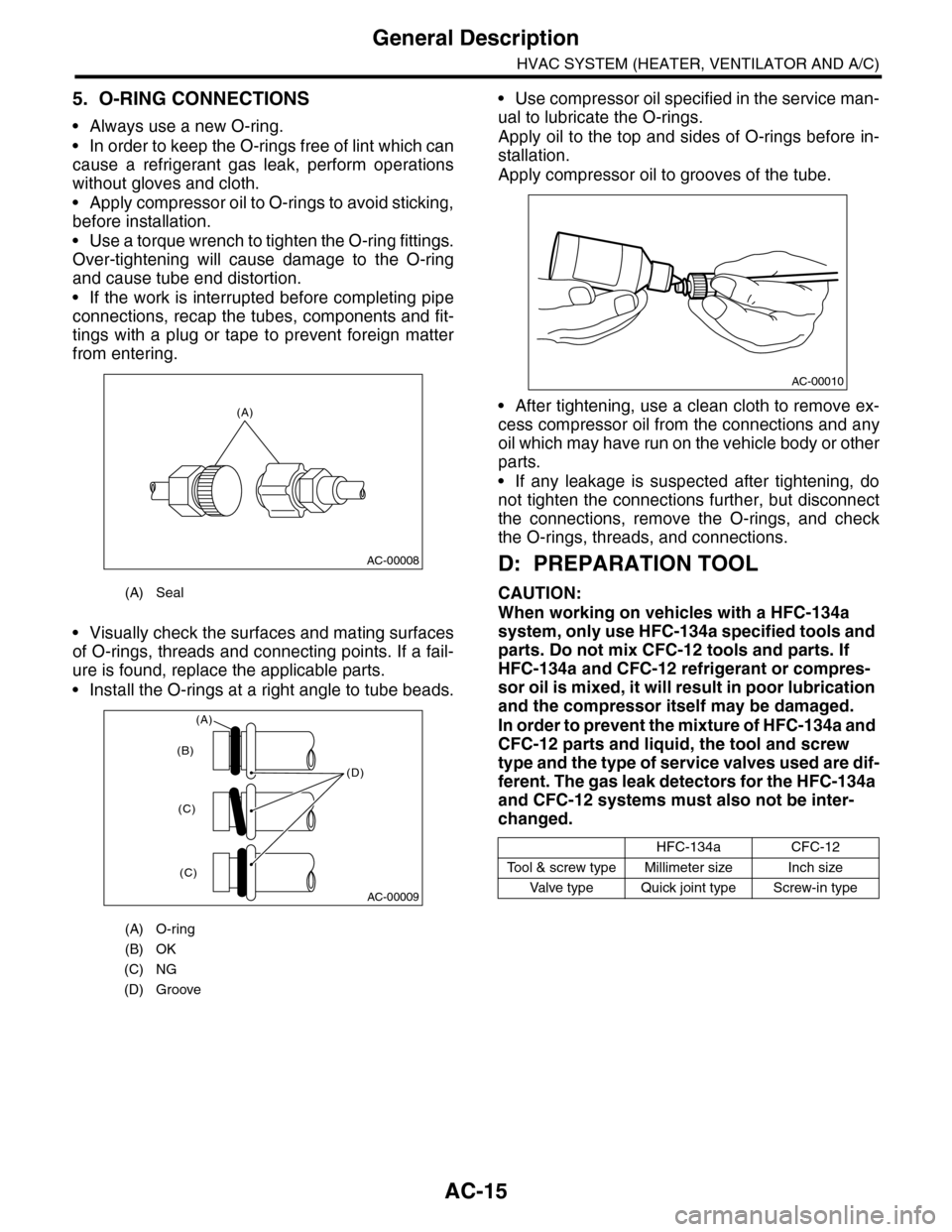 SUBARU TRIBECA 2009 1.G Service Workshop Manual AC-15
General Description
HVAC SYSTEM (HEATER, VENTILATOR AND A/C)
5. O-RING CONNECTIONS
•Always use a new O-ring.
•In order to keep the O-rings free of lint which can
cause  a  refrigerant  gas  