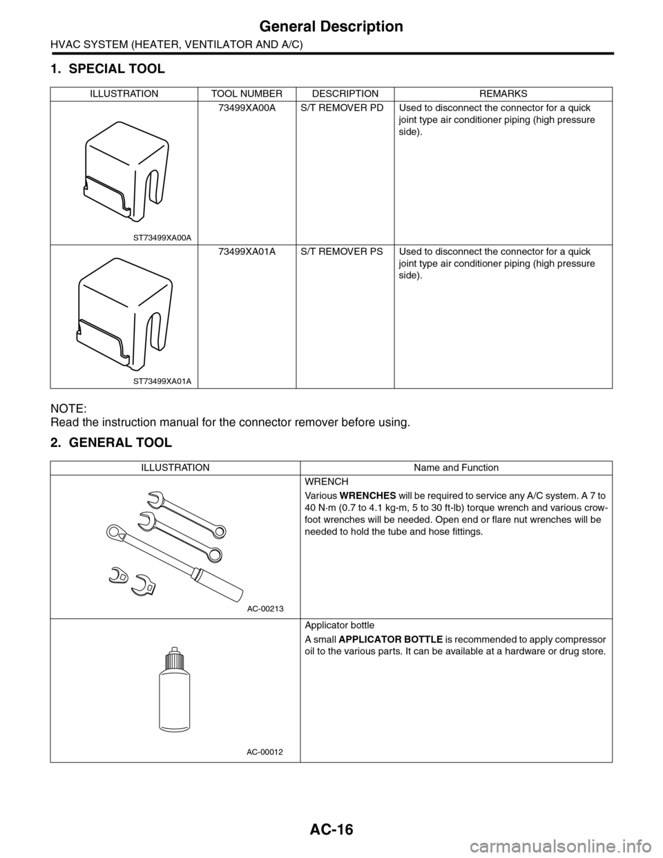 SUBARU TRIBECA 2009 1.G Service Workshop Manual AC-16
General Description
HVAC SYSTEM (HEATER, VENTILATOR AND A/C)
1. SPECIAL TOOL
NOTE:
Read the instruction manual for the connector remover before using.
2. GENERAL TOOL
ILLUSTRATION TOOL NUMBER DE