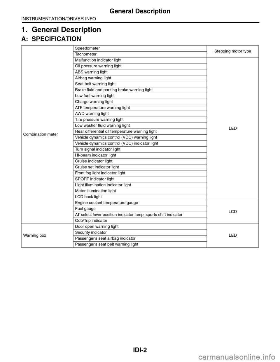 SUBARU TRIBECA 2009 1.G Service Workshop Manual IDI-2
General Description
INSTRUMENTATION/DRIVER INFO
1. General Description
A: SPECIFICATION
Combination meter
SpeedometerStepping motor typeTa c h o m e t e r
Malfunction indicator light
LED
Oil pre SUBARU TRIBECA 2009 1.G Service Workshop Manual IDI-2
General Description
INSTRUMENTATION/DRIVER INFO
1. General Description
A: SPECIFICATION
Combination meter
SpeedometerStepping motor typeTa c h o m e t e r
Malfunction indicator light
LED
Oil pre