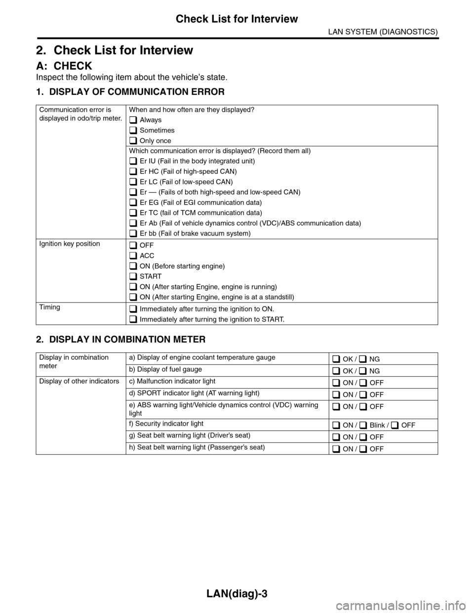 SUBARU TRIBECA 2009 1.G Service Workshop Manual LAN(diag)-3
Check List for Interview
LAN SYSTEM (DIAGNOSTICS)
2. Check List for Interview
A: CHECK
Inspect the following item about the vehicle’s state.
1. DISPLAY OF COMMUNICATION ERROR
2. DISPLAY 