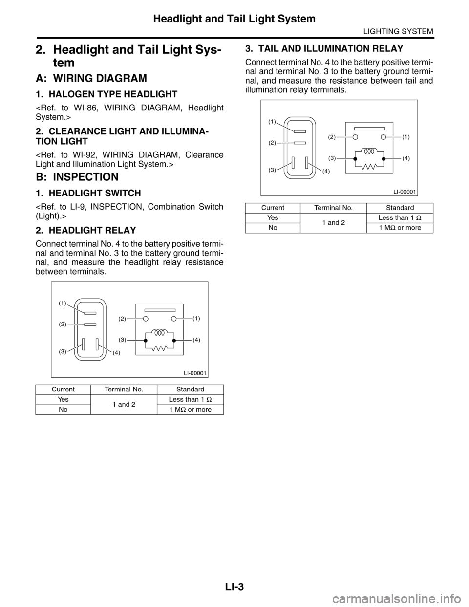 SUBARU TRIBECA 2009 1.G Service Workshop Manual LI-3
Headlight and Tail Light System
LIGHTING SYSTEM
2. Headlight and Tail Light Sys-
tem
A: WIRING DIAGRAM
1. HALOGEN TYPE HEADLIGHT
<Ref.  to  WI-86,  WIRING  DIAGRAM,  Headlight
System.>
2. CLEARAN