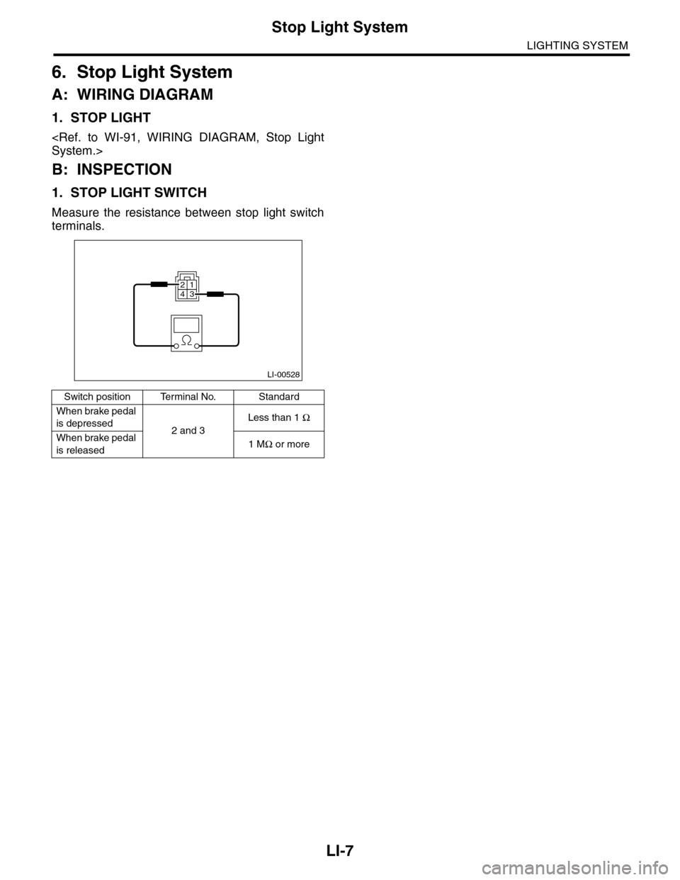 SUBARU TRIBECA 2009 1.G Service Workshop Manual LI-7
Stop Light System
LIGHTING SYSTEM
6. Stop Light System
A: WIRING DIAGRAM
1. STOP LIGHT
<Ref.  to  WI-91,  WIRING  DIAGRAM,  Stop  Light
System.>
B: INSPECTION
1. STOP LIGHT SWITCH
Measure  the  r