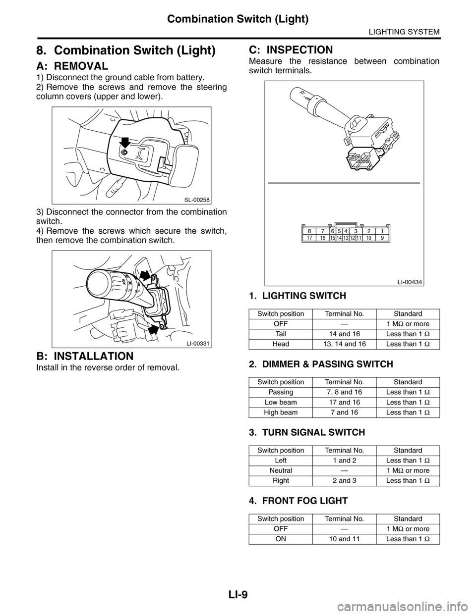 SUBARU TRIBECA 2009 1.G Service Workshop Manual LI-9
Combination Switch (Light)
LIGHTING SYSTEM
8. Combination Switch (Light)
A: REMOVAL
1) Disconnect the ground cable from battery.
2) Remove  the  screws  and  remove  the  steering
column covers (