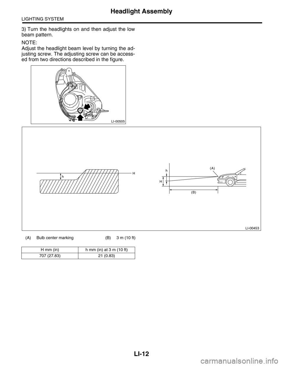 SUBARU TRIBECA 2009 1.G Service Workshop Manual LI-12
Headlight Assembly
LIGHTING SYSTEM
3) Turn the headlights on and then adjust the low
beam pattern.
NOTE:
Adjust the headlight beam level by turning the ad-
justing screw. The adjusting s SUBARU TRIBECA 2009 1.G Service Workshop Manual LI-12
Headlight Assembly
LIGHTING SYSTEM
3) Turn the headlights on and then adjust the low
beam pattern.
NOTE:
Adjust the headlight beam level by turning the ad-
justing screw. The adjusting s