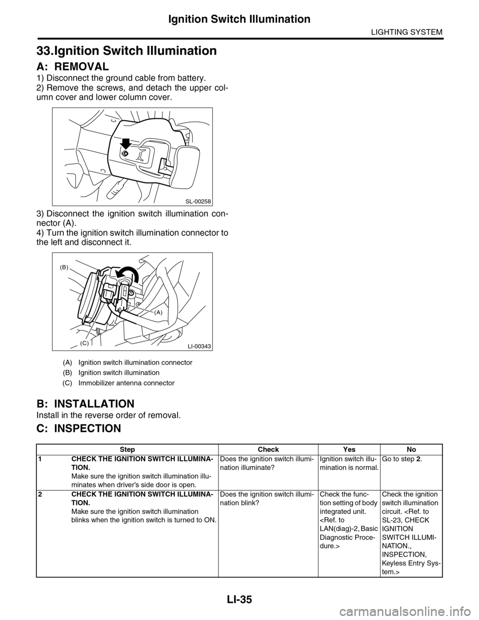 SUBARU TRIBECA 2009 1.G Service Workshop Manual LI-35
Ignition Switch Illumination
LIGHTING SYSTEM
33.Ignition Switch Illumination
A: REMOVAL
1) Disconnect the ground cable from battery.
2) Remove  the  screws,  and  detach  the  upper  col-
umn co