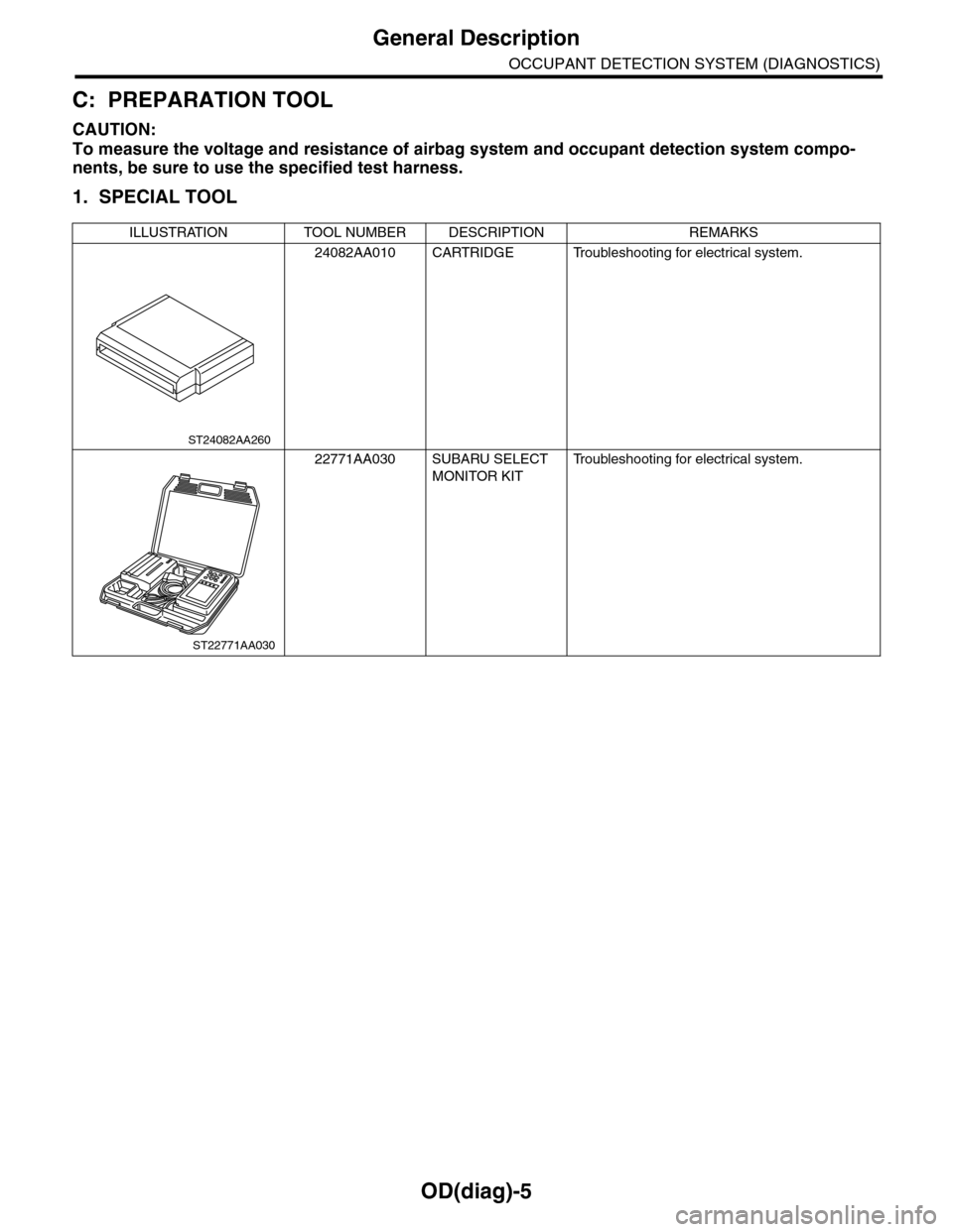 SUBARU TRIBECA 2009 1.G Service Workshop Manual OD(diag)-5
General Description
OCCUPANT DETECTION SYSTEM (DIAGNOSTICS)
C: PREPARATION TOOL
CAUTION:
To measure the voltage and resistance of airbag system and occupant detection system compo-
nents, b