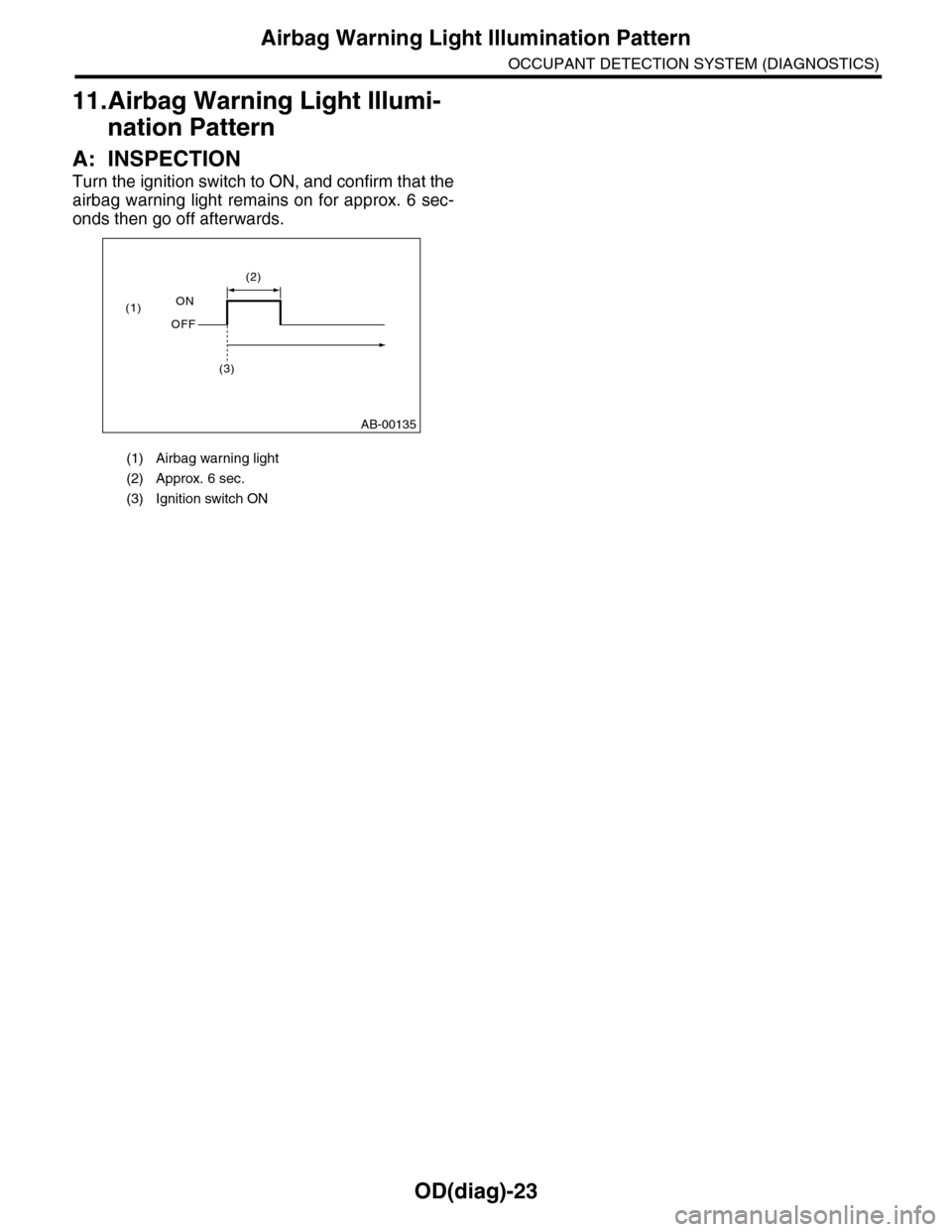SUBARU TRIBECA 2009 1.G Service Workshop Manual OD(diag)-23
Airbag Warning Light Illumination Pattern
OCCUPANT DETECTION SYSTEM (DIAGNOSTICS)
11.Airbag Warning Light Illumi-
nation Pattern
A: INSPECTION
Turn the ignition switch to ON, and confirm t SUBARU TRIBECA 2009 1.G Service Workshop Manual OD(diag)-23
Airbag Warning Light Illumination Pattern
OCCUPANT DETECTION SYSTEM (DIAGNOSTICS)
11.Airbag Warning Light Illumi-
nation Pattern
A: INSPECTION
Turn the ignition switch to ON, and confirm t