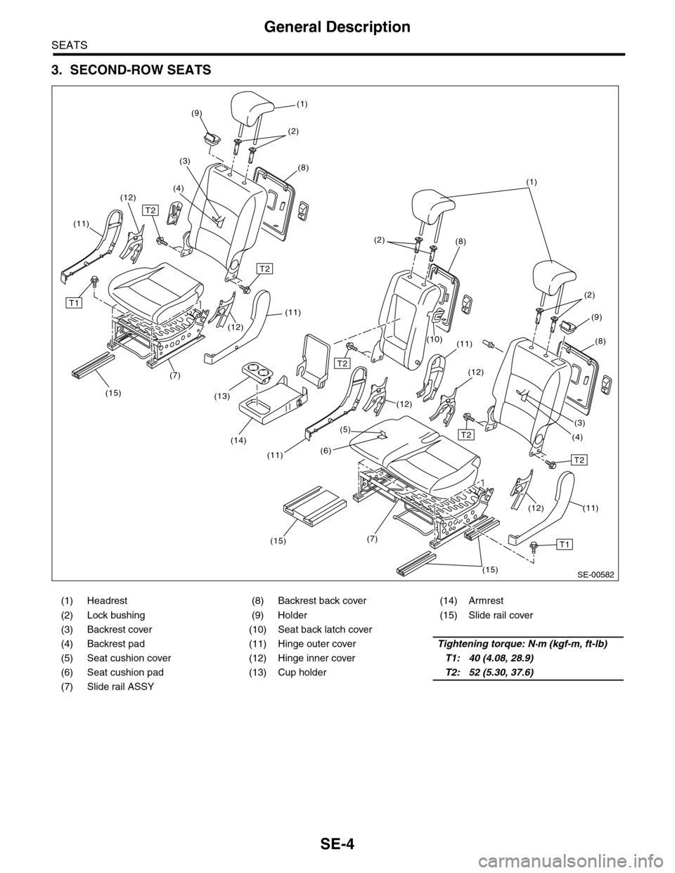 SUBARU TRIBECA 2009 1.G Service Workshop Manual SE-4
General Description
SEATS
3. SECOND-ROW SEATS
(1) Headrest (8) Backrest back cover (14) Armrest
(2) Lock bushing (9) Holder (15) Slide rail cover
(3) Backrest cover (10) Seat back latch cover
( SUBARU TRIBECA 2009 1.G Service Workshop Manual SE-4
General Description
SEATS
3. SECOND-ROW SEATS
(1) Headrest (8) Backrest back cover (14) Armrest
(2) Lock bushing (9) Holder (15) Slide rail cover
(3) Backrest cover (10) Seat back latch cover
(