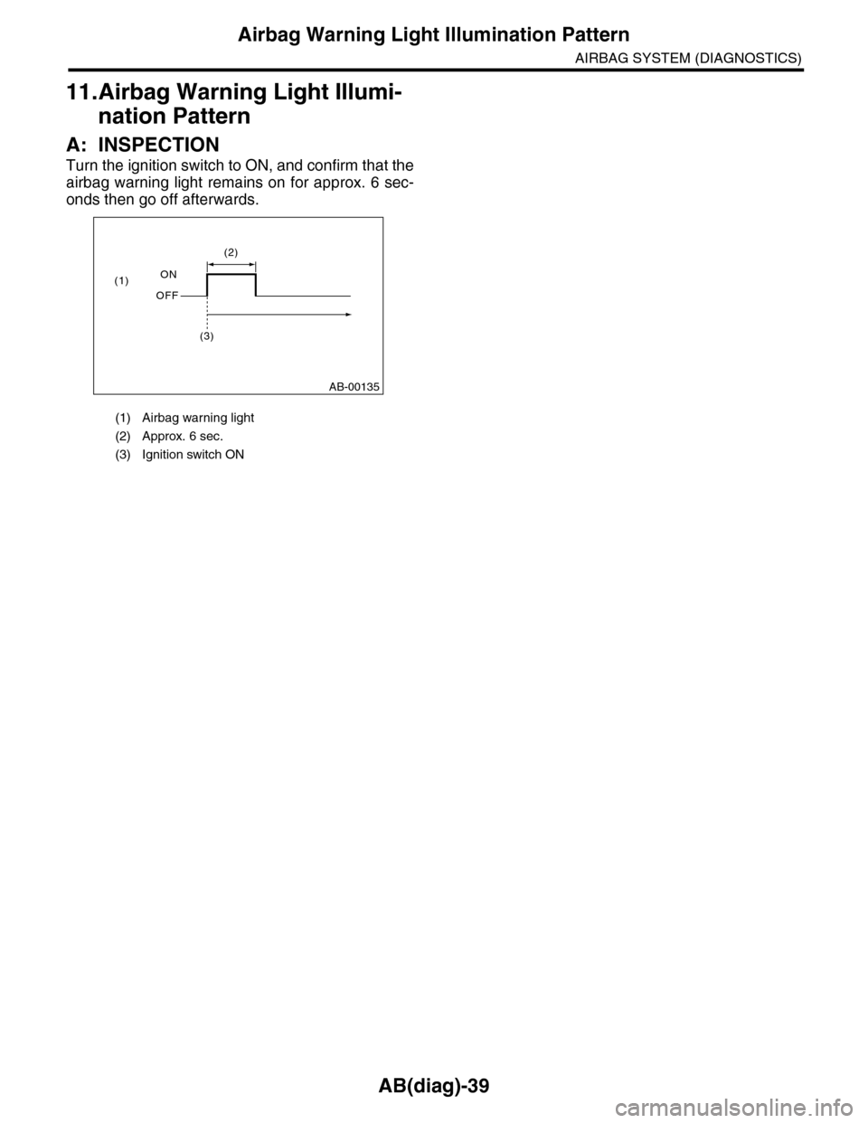 SUBARU TRIBECA 2009 1.G Service Repair Manual AB(diag)-39
Airbag Warning Light Illumination Pattern
AIRBAG SYSTEM (DIAGNOSTICS)
11.Airbag Warning Light Illumi-
nation Pattern
A: INSPECTION
Turn the ignition switch to ON, and confirm that the
airb SUBARU TRIBECA 2009 1.G Service Repair Manual AB(diag)-39
Airbag Warning Light Illumination Pattern
AIRBAG SYSTEM (DIAGNOSTICS)
11.Airbag Warning Light Illumi-
nation Pattern
A: INSPECTION
Turn the ignition switch to ON, and confirm that the
airb