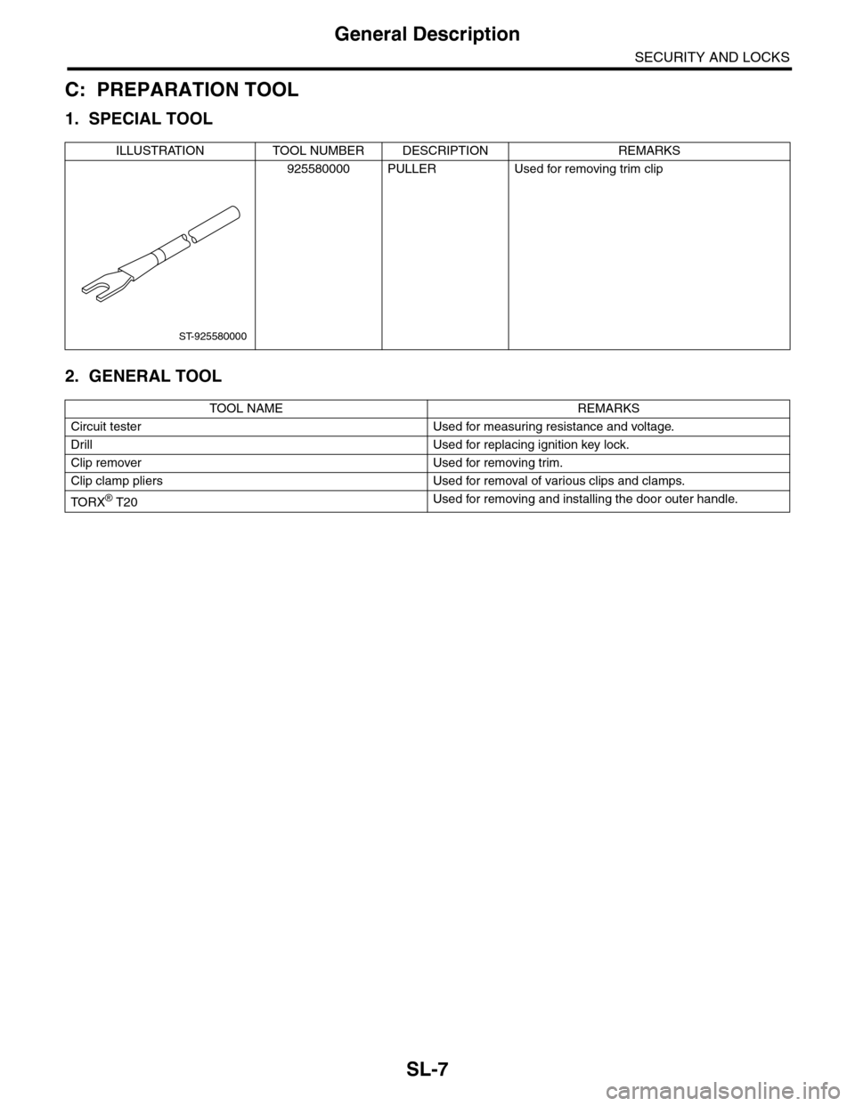 SUBARU TRIBECA 2009 1.G Service Workshop Manual SL-7
General Description
SECURITY AND LOCKS
C: PREPARATION TOOL
1. SPECIAL TOOL
2. GENERAL TOOL
ILLUSTRATION TOOL NUMBER DESCRIPTION REMARKS
925580000 PULLER Used for removing trim clip
TOOL NAME REMA SUBARU TRIBECA 2009 1.G Service Workshop Manual SL-7
General Description
SECURITY AND LOCKS
C: PREPARATION TOOL
1. SPECIAL TOOL
2. GENERAL TOOL
ILLUSTRATION TOOL NUMBER DESCRIPTION REMARKS
925580000 PULLER Used for removing trim clip
TOOL NAME REMA