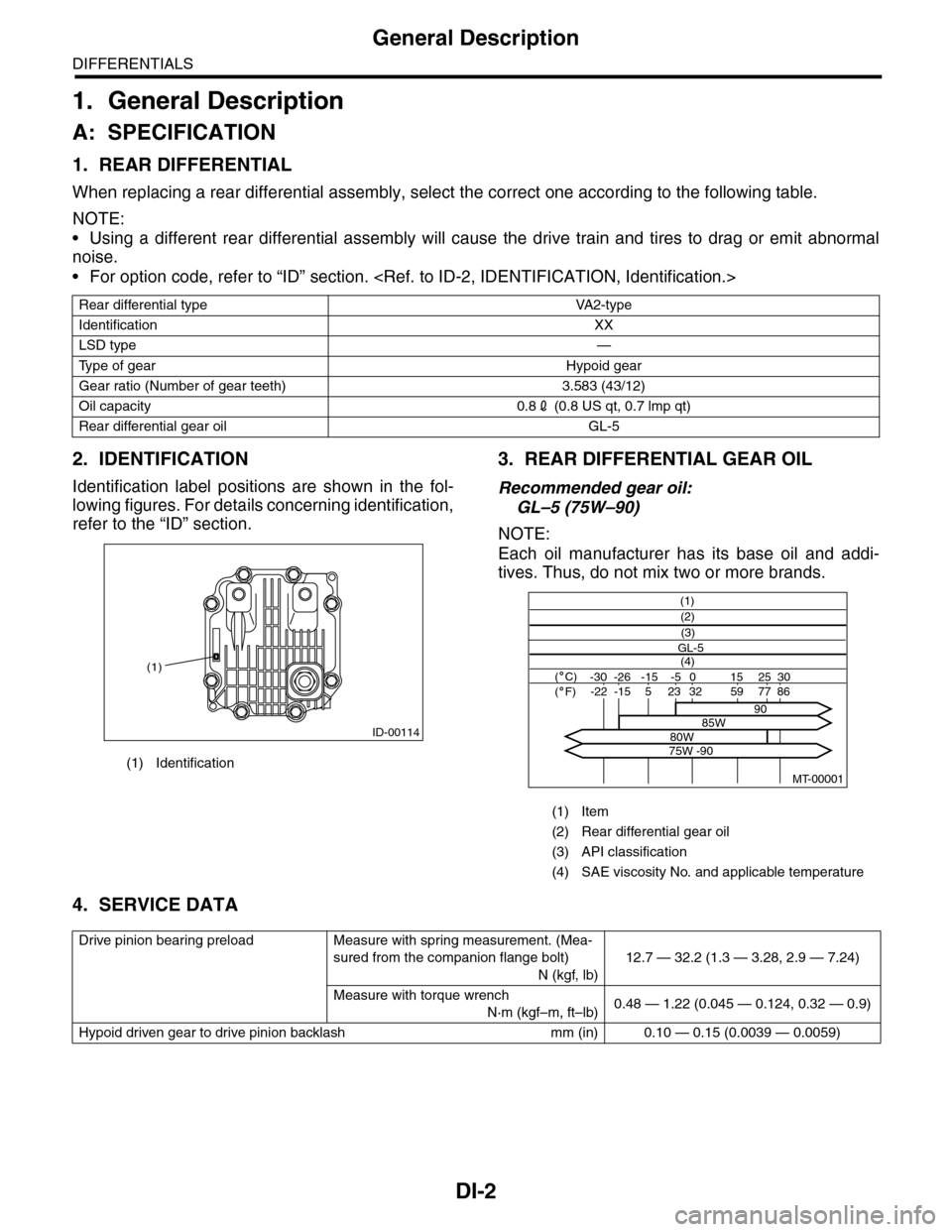 SUBARU TRIBECA 2009 1.G Service Workshop Manual DI-2
General Description
DIFFERENTIALS
1. General Description
A: SPECIFICATION
1. REAR DIFFERENTIAL
When replacing a rear differential assembly, select the correct one according to the following table