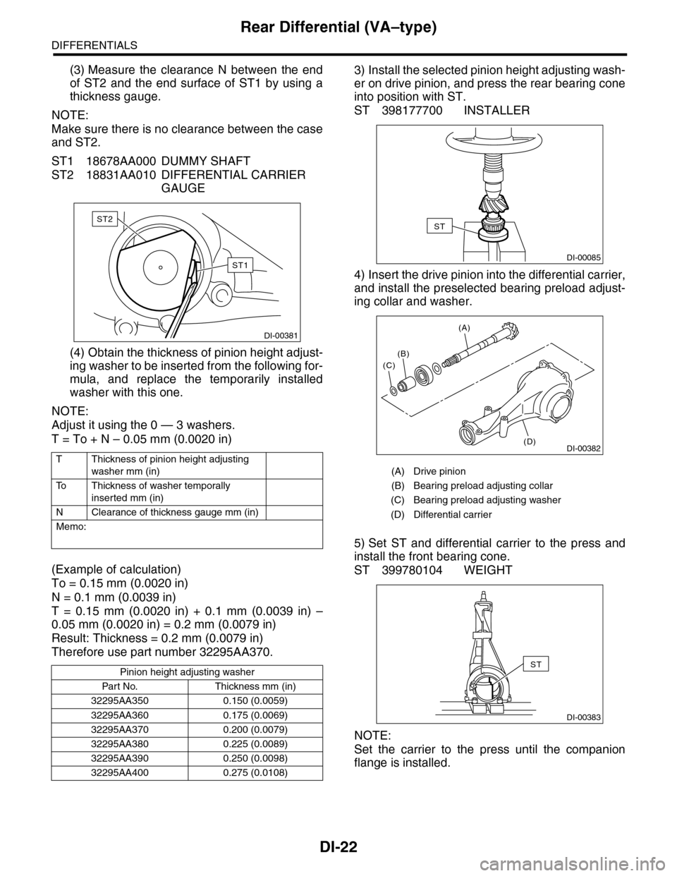 SUBARU TRIBECA 2009 1.G Service Workshop Manual DI-22
Rear Differential (VA–type)
DIFFERENTIALS
(3) Measure the clearance N between the end
of ST2 and the end surface of ST1 by using a
thickness gauge.
NOTE:
Make sure there is no SUBARU TRIBECA 2009 1.G Service Workshop Manual DI-22
Rear Differential (VA–type)
DIFFERENTIALS
(3) Measure the clearance N between the end
of ST2 and the end surface of ST1 by using a
thickness gauge.
NOTE:
Make sure there is no