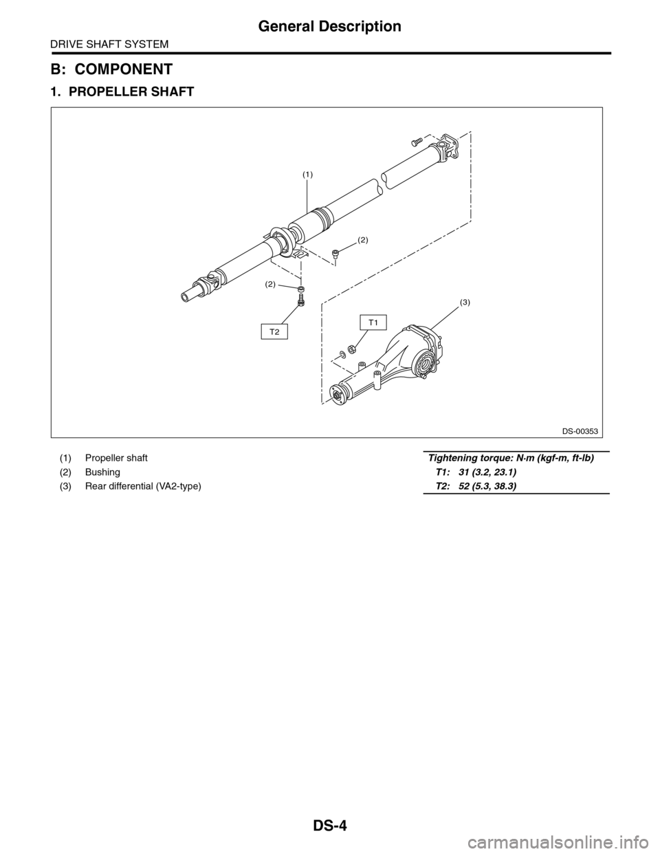 SUBARU TRIBECA 2009 1.G Service Service Manual DS-4
General Description
DRIVE SHAFT SYSTEM
B: COMPONENT
1. PROPELLER SHAFT
(1) Propeller shaft Tightening torque: N·m (kgf-m, ft-lb)
(2) Bushing T1: 31 (3.2, 23.1)
(3) Rear differential (VA2-t SUBARU TRIBECA 2009 1.G Service Service Manual DS-4
General Description
DRIVE SHAFT SYSTEM
B: COMPONENT
1. PROPELLER SHAFT
(1) Propeller shaft Tightening torque: N·m (kgf-m, ft-lb)
(2) Bushing T1: 31 (3.2, 23.1)
(3) Rear differential (VA2-t