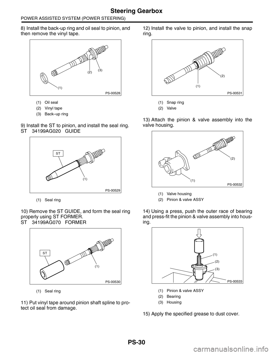 SUBARU TRIBECA 2009 1.G Service Workshop Manual PS-30
Steering Gearbox
POWER ASSISTED SYSTEM (POWER STEERING)
8) Install the back-up ring and oil seal to pinion, and
then remove the vinyl tape.
9) Install the ST to pinion, and install the seal ring