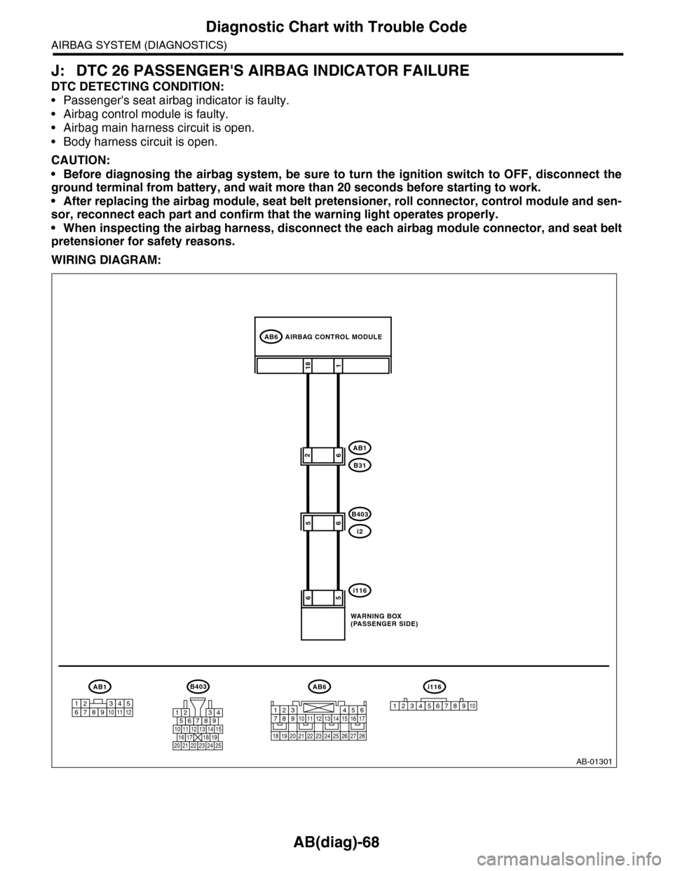 SUBARU TRIBECA 2009 1.G Service Owners Manual AB(diag)-68
Diagnostic Chart with Trouble Code
AIRBAG SYSTEM (DIAGNOSTICS)
J: DTC 26 PASSENGERS AIRBAG INDICATOR FAILURE
DTC DETECTING CONDITION:
•Passengers seat airbag indicator is faulty.
•Ai SUBARU TRIBECA 2009 1.G Service Owners Manual AB(diag)-68
Diagnostic Chart with Trouble Code
AIRBAG SYSTEM (DIAGNOSTICS)
J: DTC 26 PASSENGERS AIRBAG INDICATOR FAILURE
DTC DETECTING CONDITION:
•Passengers seat airbag indicator is faulty.
•Ai