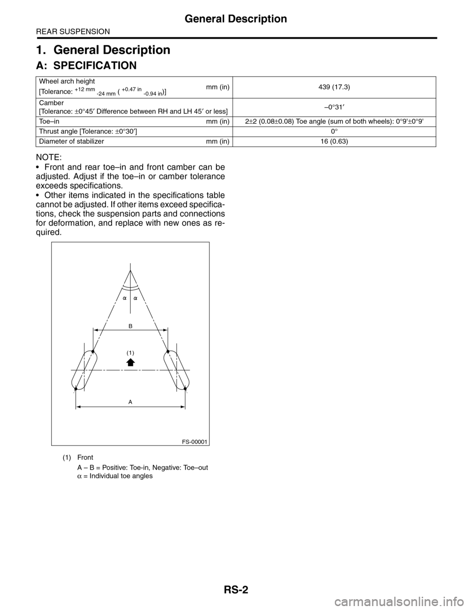 SUBARU TRIBECA 2009 1.G Service Workshop Manual RS-2
General Description
REAR SUSPENSION
1. General Description
A: SPECIFICATION
NOTE:
•Front and rear toe–in and front camber can be
adjusted.  Adjust  if  the  toe–in  or  camber  tolerance
ex