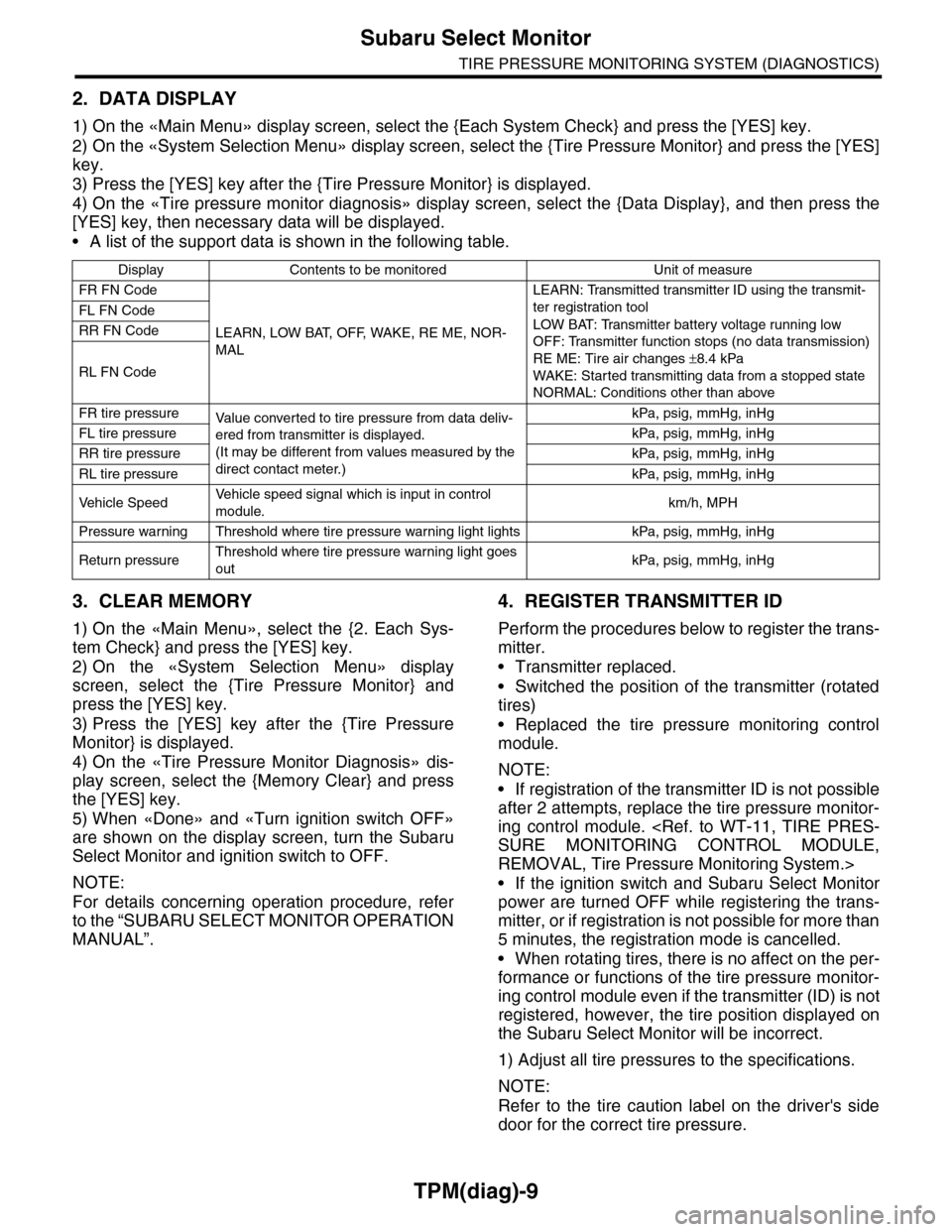 SUBARU TRIBECA 2009 1.G Service Workshop Manual TPM(diag)-9
Subaru Select Monitor
TIRE PRESSURE MONITORING SYSTEM (DIAGNOSTICS)
2. DATA DISPLAY
1) On the «Main Menu» display screen, select the {Each System Check} and press the [YES] key.
2) On th