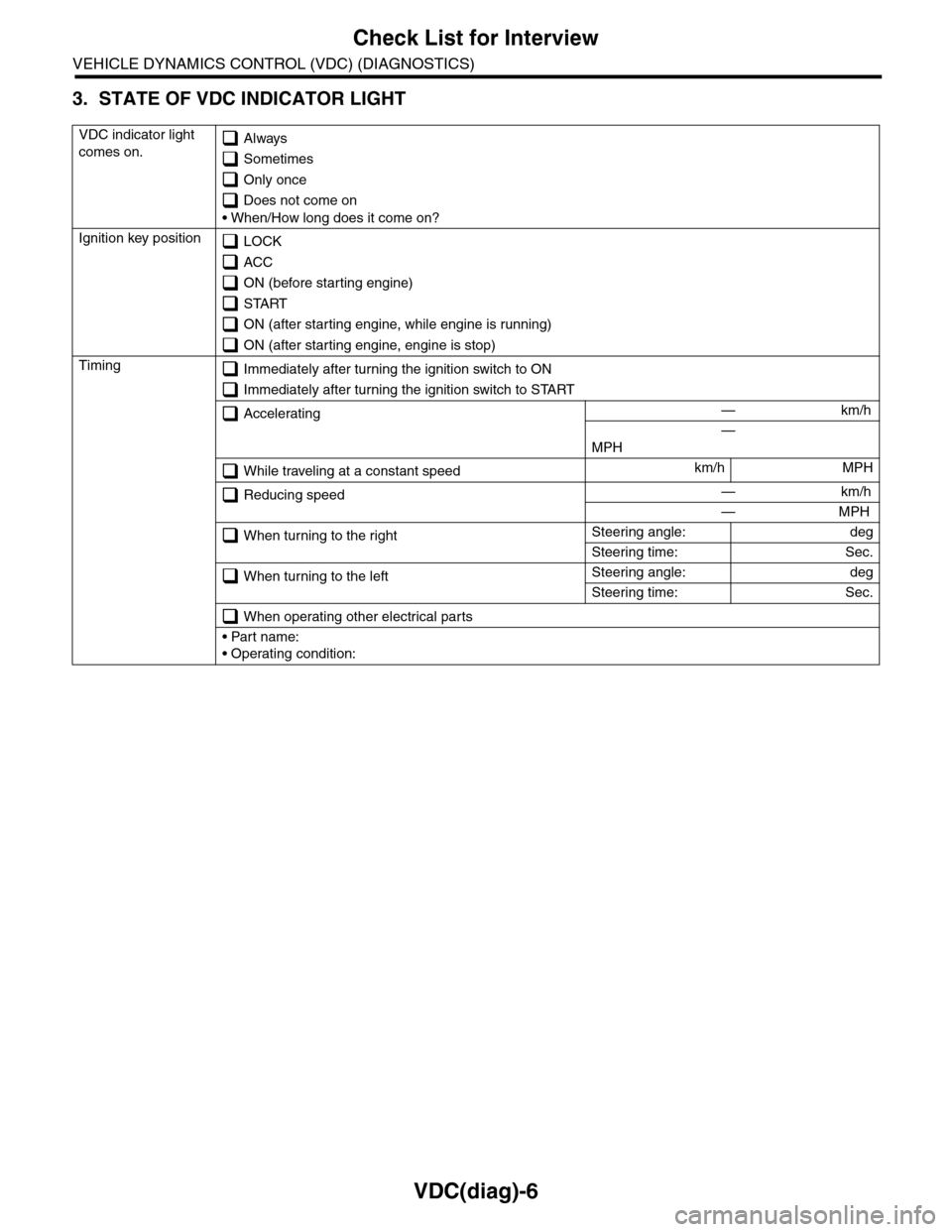 SUBARU TRIBECA 2009 1.G Service Workshop Manual VDC(diag)-6
Check List for Interview
VEHICLE DYNAMICS CONTROL (VDC) (DIAGNOSTICS)
3. STATE OF VDC INDICATOR LIGHT
VDC indicator light 
comes on. Always
 Sometimes
 Only once
 Does not come on
• When