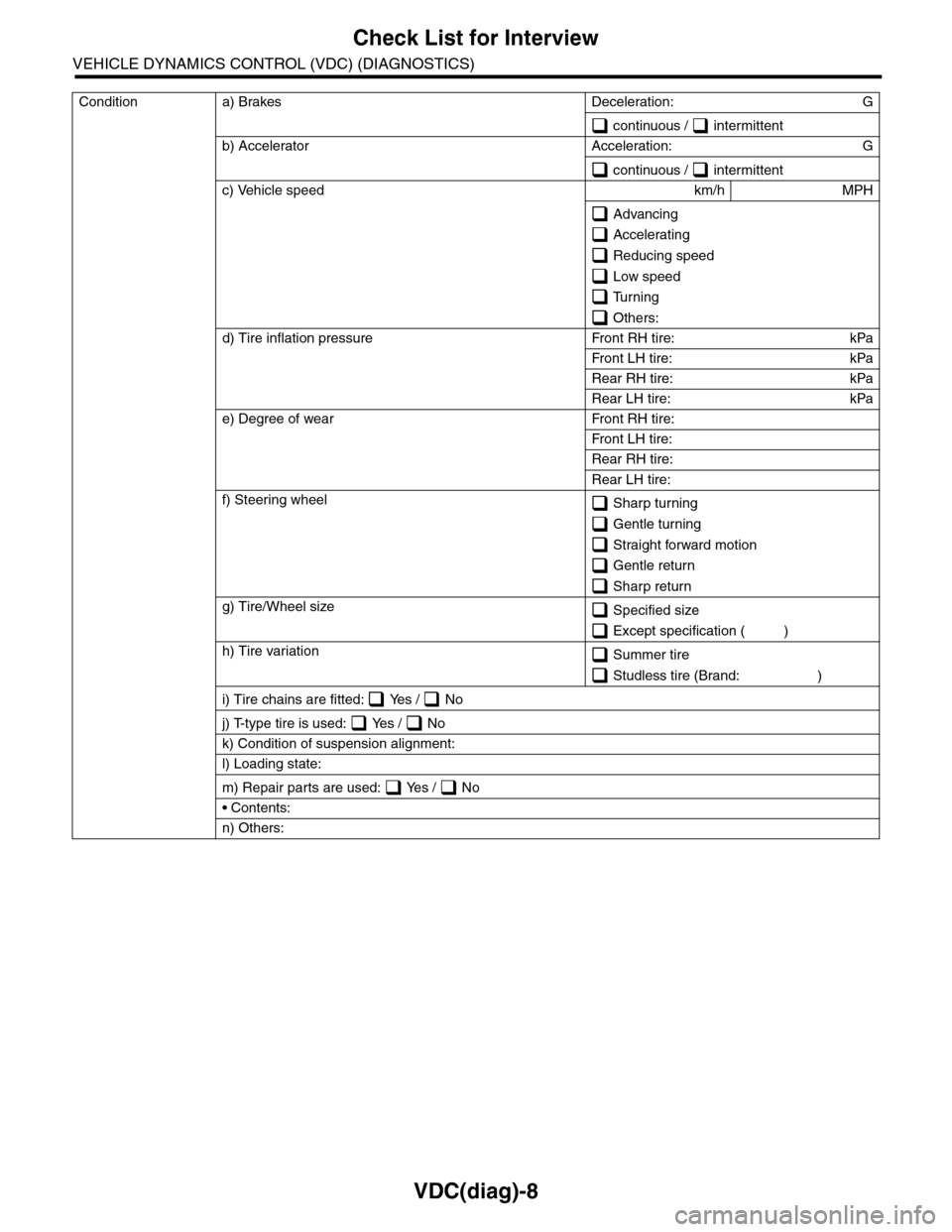 SUBARU TRIBECA 2009 1.G Service Workshop Manual VDC(diag)-8
Check List for Interview
VEHICLE DYNAMICS CONTROL (VDC) (DIAGNOSTICS)
Condition a) Brakes Deceleration: G
 continuous /   intermittent
b) Accelerator Acceleration: G
 continuous /   interm