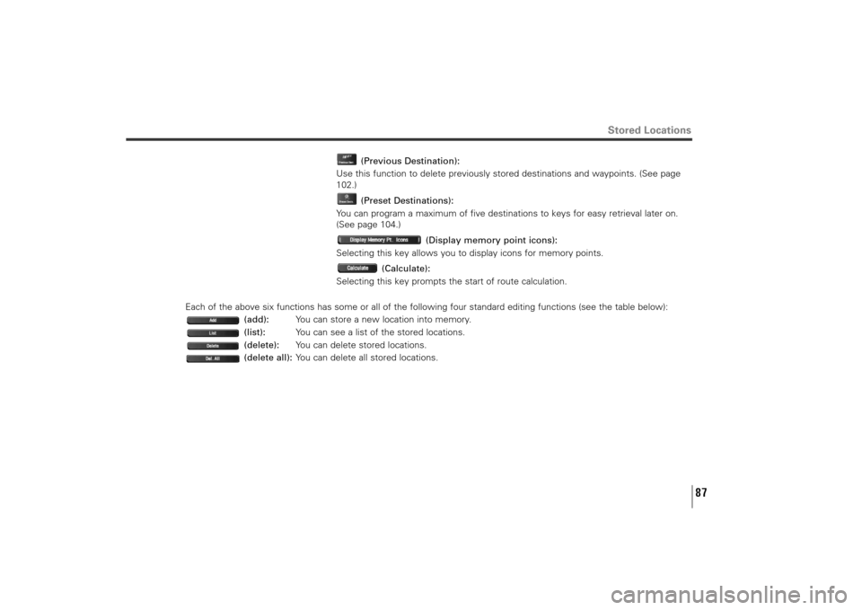 SUBARU TRIBECA 2011 1.G Navigation Manual 87
Stored Locations
(Previous Destination):
Use this function to delete previously stored destinations and waypoints. (See page
102.)
(Preset Destinations):
You can program a maximum of five destinati