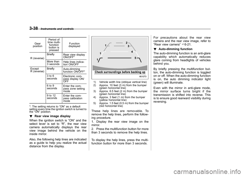 SUBARU TRIBECA 2011 1.G Owners Manual 3-38Instruments and controls
Gear
position Period of
time multi-
function
button is pressed Function
displayed
R (reverse) Briefly
Rear view display ON/OFF*
More than 
3 seconds Help lines indica- 
ti