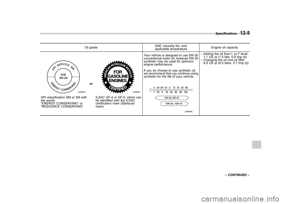 SUBARU TRIBECA 2012 1.G Owners Manual Oil gradeSAE viscosity No. and
applicable temperature Engine oil capacity
API classification SM or SN with 
the words “
ENERGY CONSERVING ”or
“ RESOURCE CONSERVING ”orILSAC GF-4 or GF-5, which