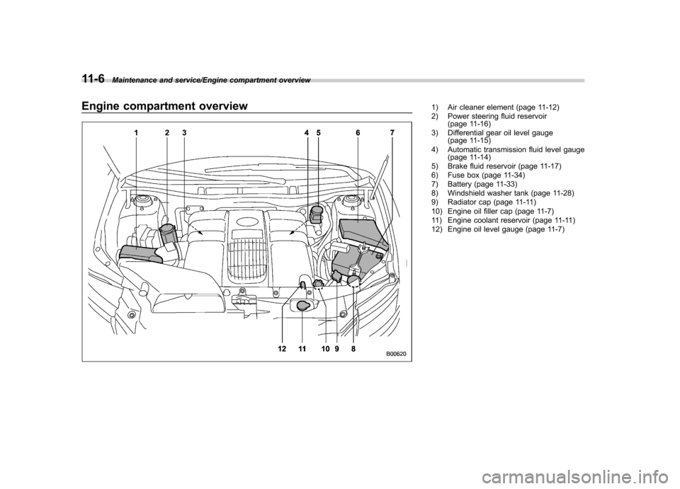 SUBARU TRIBECA 2013 1.G User Guide 11-6Maintenance and service/Engine compartment overview
Engine compartment overview1) Air cleaner element (page 11-12) 
2) Power steering fluid reservoir(page 11-16)
3) Differential gear oil level gau