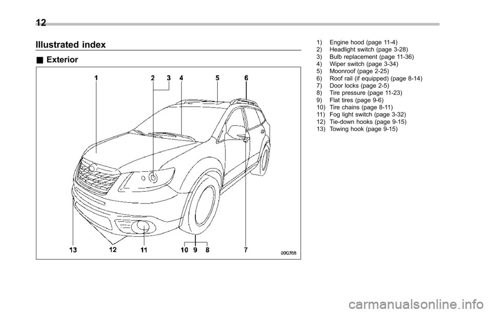 SUBARU TRIBECA 2014 1.G User Guide 12
Illustrated index
&Exterior
1) Engine hood (page 11-4)2) Headlight switch (page 3-28)3) Bulb replacement (page 11-36)4) Wiper switch (page 3-34)5) Moonroof (page 2-25)6) Roof rail (if equipped) (pa SUBARU TRIBECA 2014 1.G User Guide 12
Illustrated index
&Exterior
1) Engine hood (page 11-4)2) Headlight switch (page 3-28)3) Bulb replacement (page 11-36)4) Wiper switch (page 3-34)5) Moonroof (page 2-25)6) Roof rail (if equipped) (pa