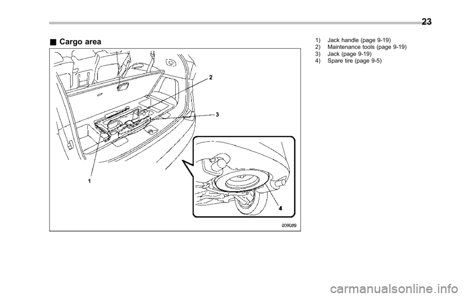 SUBARU TRIBECA 2014 1.G Owners Manual &Cargo area1) Jack handle (page 9-19)2) Maintenance tools (page 9-19)3) Jack (page 9-19)4) Spare tire (page 9-5)
23 