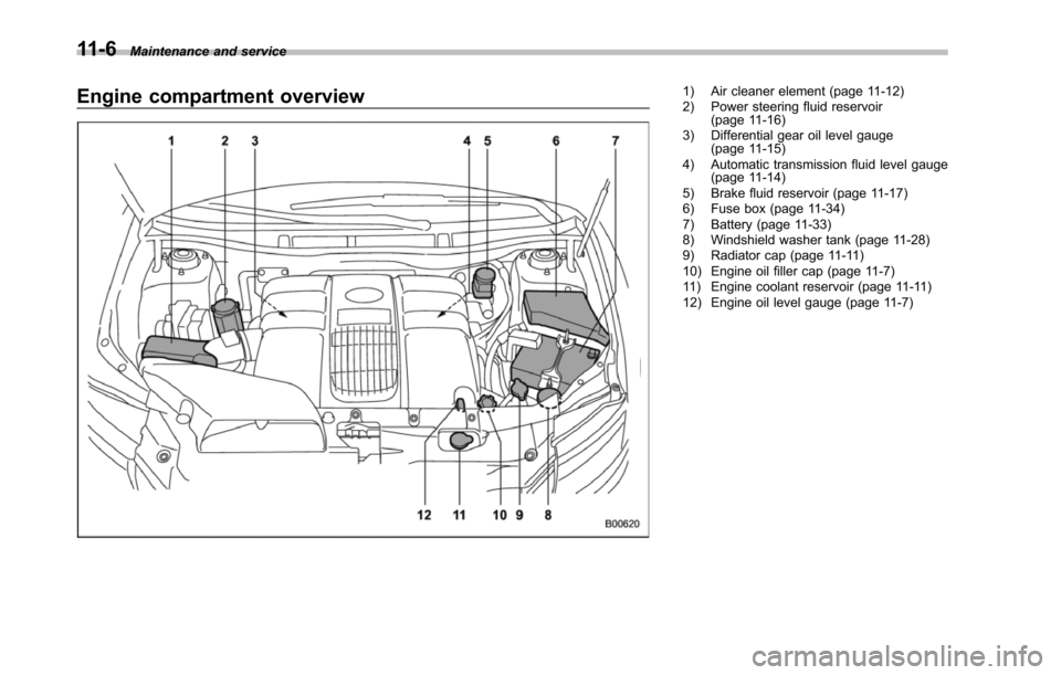 SUBARU TRIBECA 2014 1.G Owners Manual 11-6Maintenance and service
Engine compartment overview1) Air cleaner element (page 11-12)2) Power steering fluid reservoir(page 11-16)3) Differential gear oil level gauge(page 11-15)4) Automatic tran SUBARU TRIBECA 2014 1.G Owners Manual 11-6Maintenance and service
Engine compartment overview1) Air cleaner element (page 11-12)2) Power steering fluid reservoir(page 11-16)3) Differential gear oil level gauge(page 11-15)4) Automatic tran