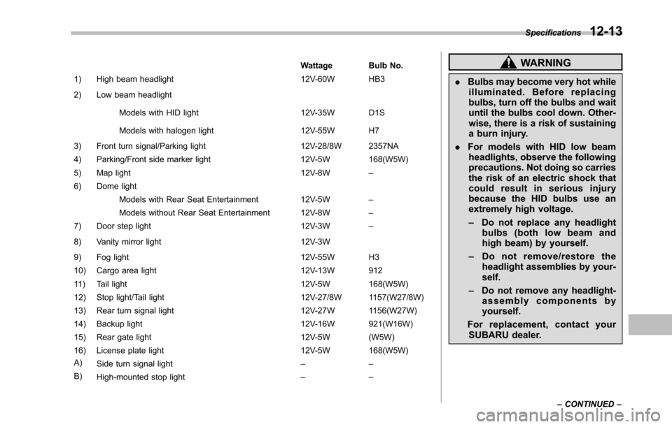 SUBARU TRIBECA 2014 1.G Owners Manual Wattage Bulb No.
1) High beam headlight 12V-60W HB3
2) Low beam headlight
Models with HID light 12V-35W D1S
Models with halogen light 12V-55W H7
3) Front turn signal/Parking light 12V-28/8W 2357NA
4) 