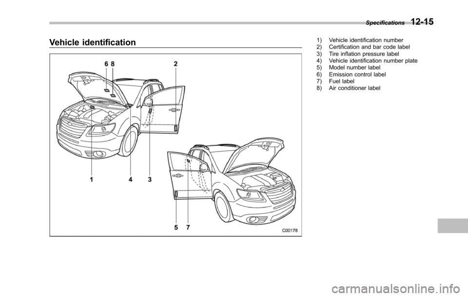 SUBARU TRIBECA 2014 1.G Owners Manual Vehicle identification1) Vehicle identification number2) Certification and bar code label3) Tire inflation pressure label4) Vehicle identification number plate5) Model number label6) Emission control 