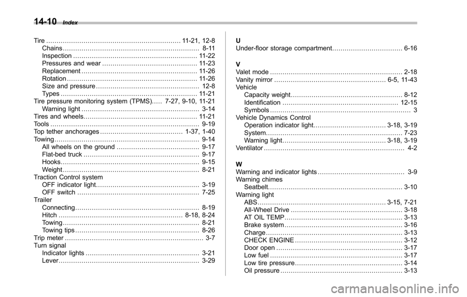 SUBARU TRIBECA 2014 1.G Owners Manual 14-10Index
Tire . . . . . . . . . . . . . . . . . . . . . . . . . . . . . . . . . . . . . . . . . . . . . . . . . . . . . . . . . . . . . . . . . 11-21, 12-8Chains.....................................