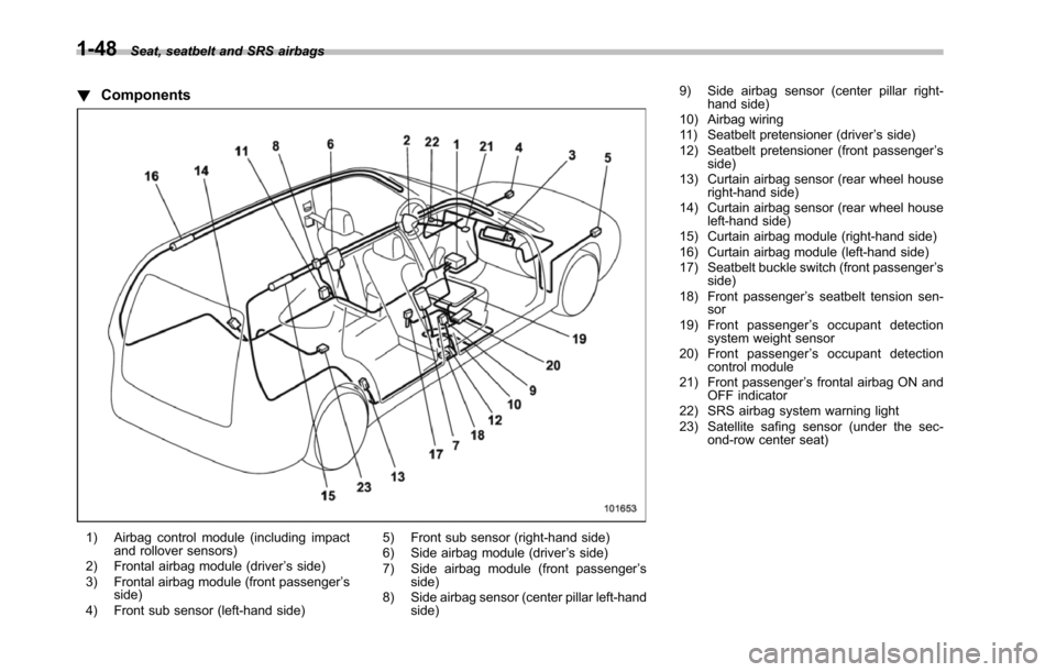 SUBARU TRIBECA 2014 1.G Manual PDF 1-48Seat, seatbelt and SRS airbags
!Components
1) Airbag control module (including impactand rollover sensors)2) Frontal airbag module (driver’s side)3) Frontal airbag module (front passenger’ssid SUBARU TRIBECA 2014 1.G Manual PDF 1-48Seat, seatbelt and SRS airbags
!Components
1) Airbag control module (including impactand rollover sensors)2) Frontal airbag module (driver’s side)3) Frontal airbag module (front passenger’ssid