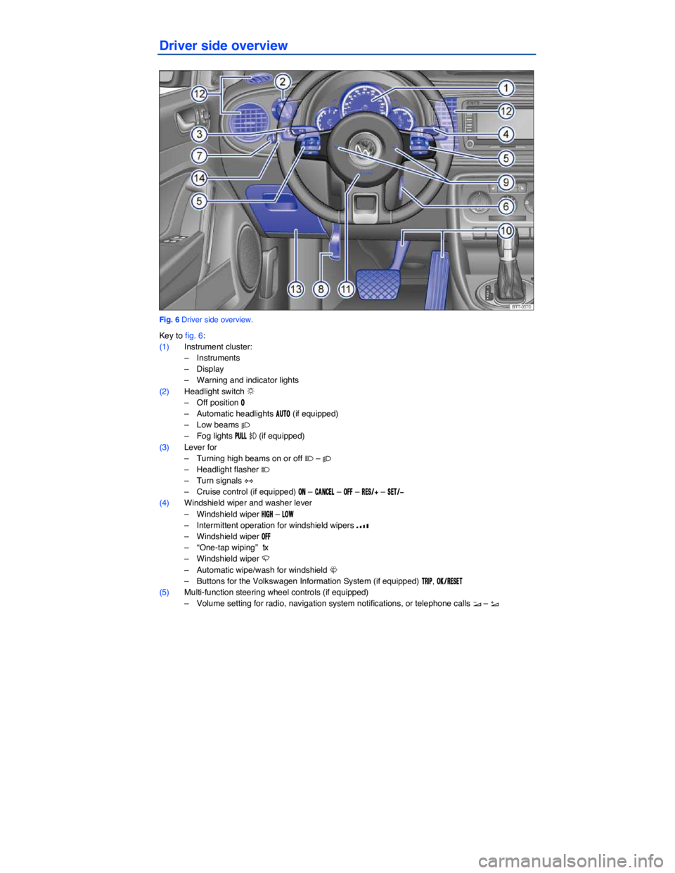 VOLKSWAGEN BEETLE 2015  Owner´s Manual  
Driver side overview 
 
Fig. 6 Driver side overview. 
Key to fig. 6: 
(1) Instrument cluster: 
–  Instruments  
–  Display  
–  Warning and indicator lights  
(2) Headlight switch �