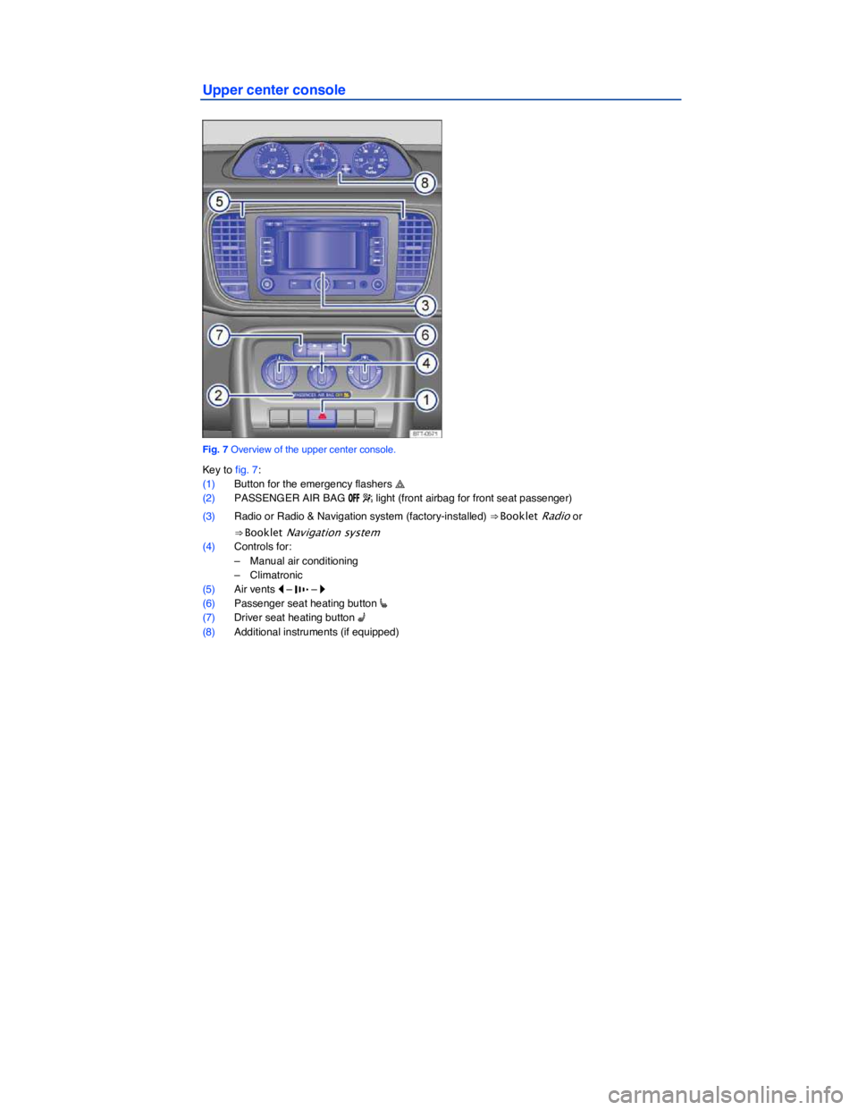 VOLKSWAGEN BEETLE 2015  Owner´s Manual  
Upper center console 
 
Fig. 7 Overview of the upper center console. 
Key to fig. 7: 
(1) Button for the emergency flashers �  
(2) PASSENGER AIR BAG �/�&�& � light (front airbag for front seat pa