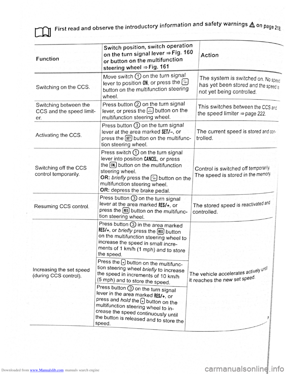 VOLKSWAGEN GOLF PLUS 2011 Owner´s Manual Downloaded from www.Manualslib.com manuals search engine th . troductory information and safety warnings & on page 218 First
read and observe e m ·
Function
Switching on the CCS .
Switch positio VOLKSWAGEN GOLF PLUS 2011 Owner´s Manual Downloaded from www.Manualslib.com manuals search engine th . troductory information and safety warnings & on page 218 First
read and observe e m ·
Function
Switching on the CCS .
Switch positio