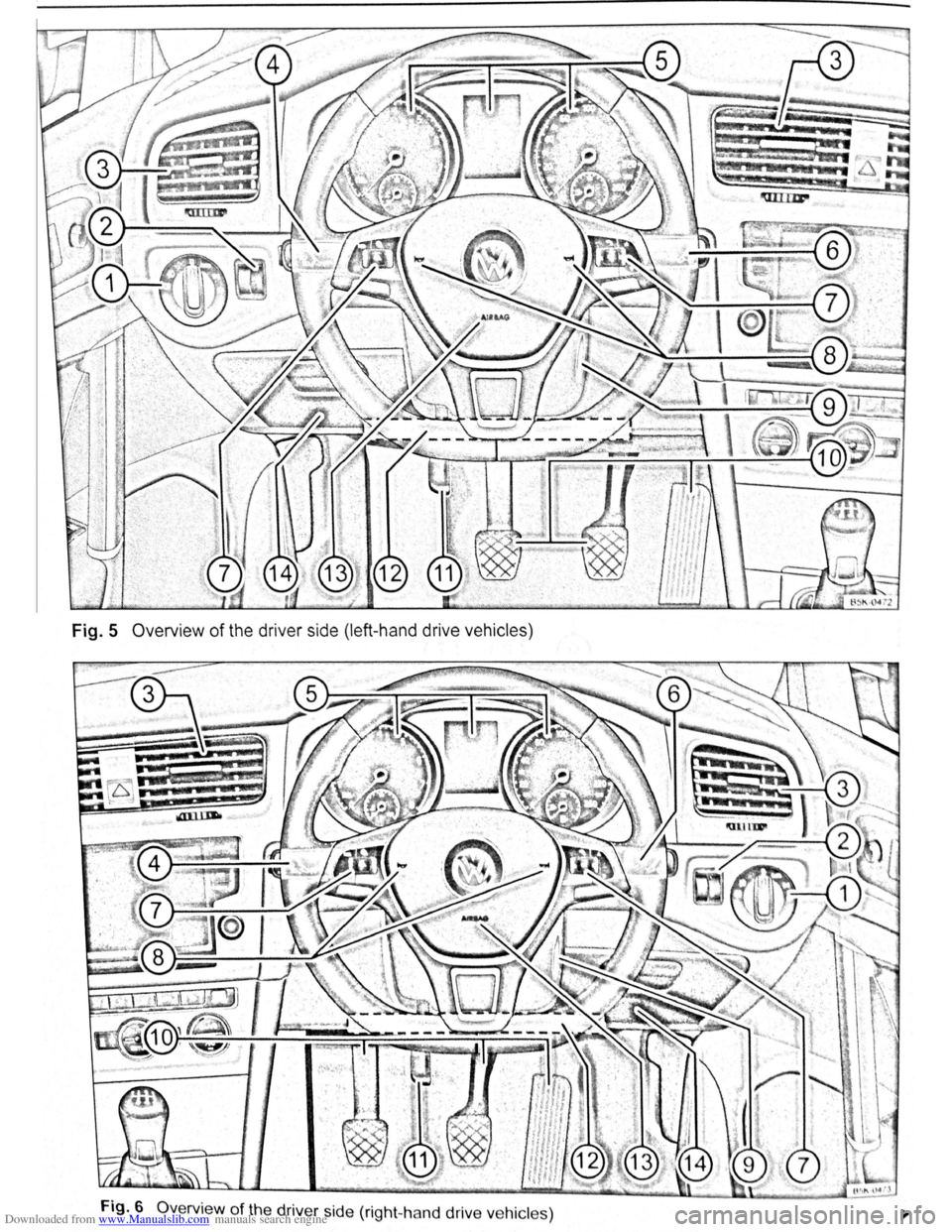 VOLKSWAGEN BEETLE 2011  Owner´s Manual Downloaded from www.Manualslib.com manuals search engine Fig. 5 Overview  of the  driver  side (left-hand drive vehicles) 
Fig. 6 Overview of the driver  side (right -h and  driv e veh ic les ) 
.. ,,